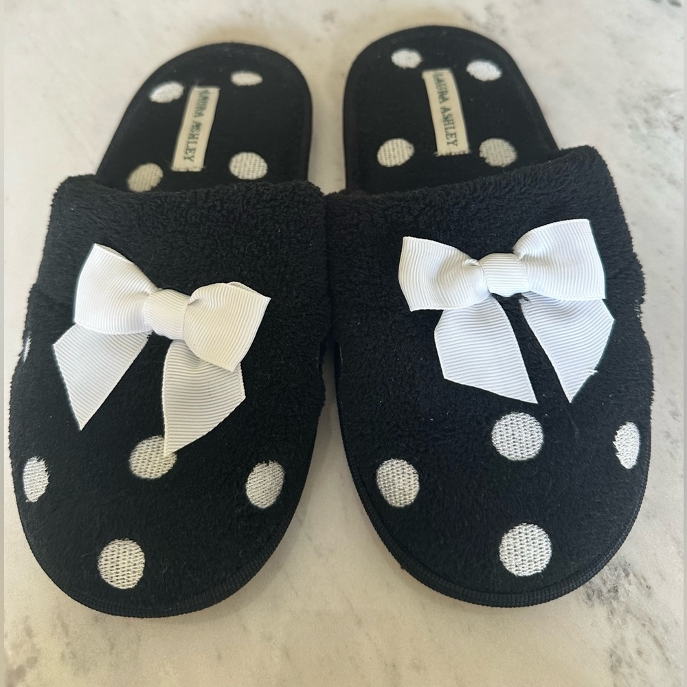 Laura Ashley Black Slippers with White Polka Dots and Bows